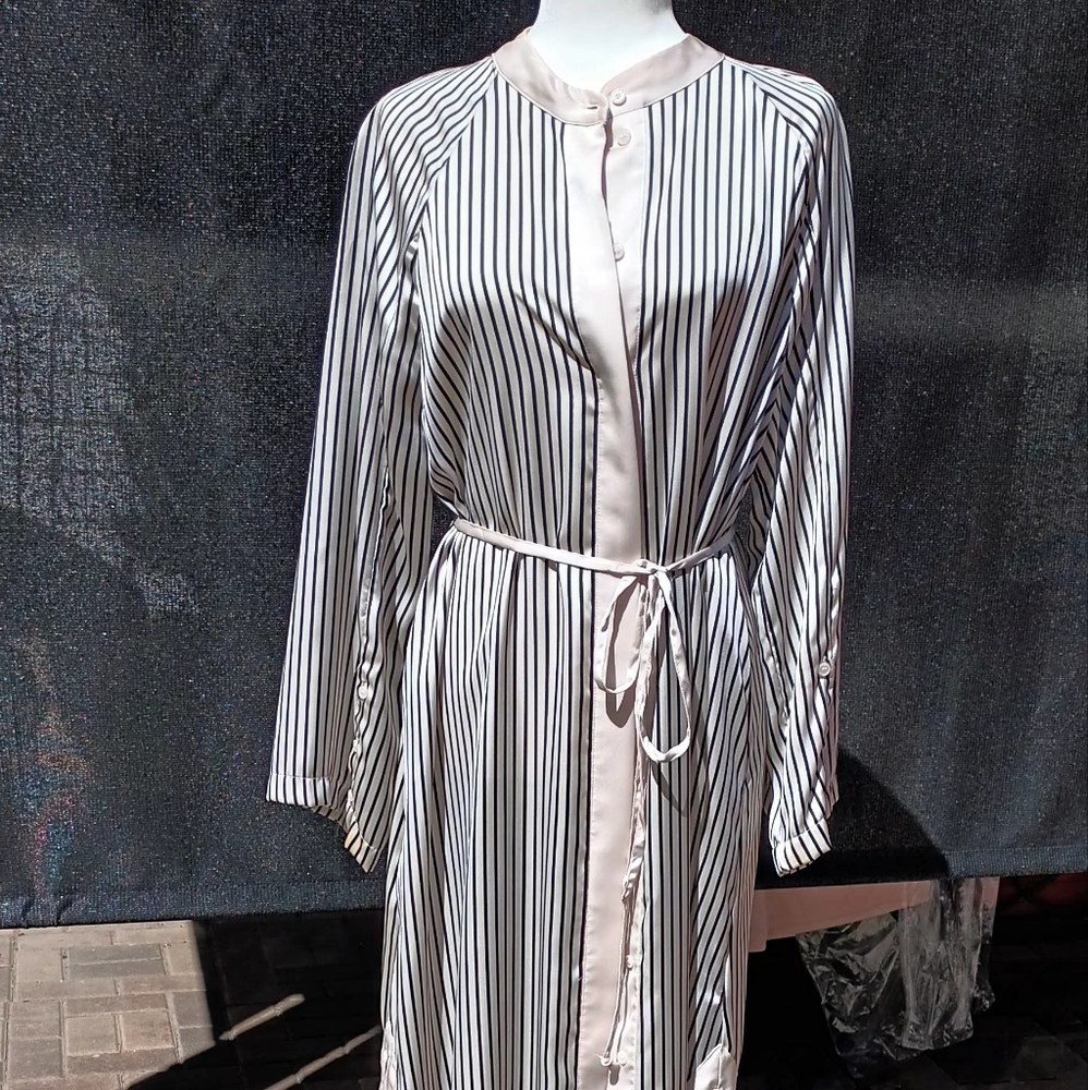 H&M, linen long dress, US-L, cream and black.